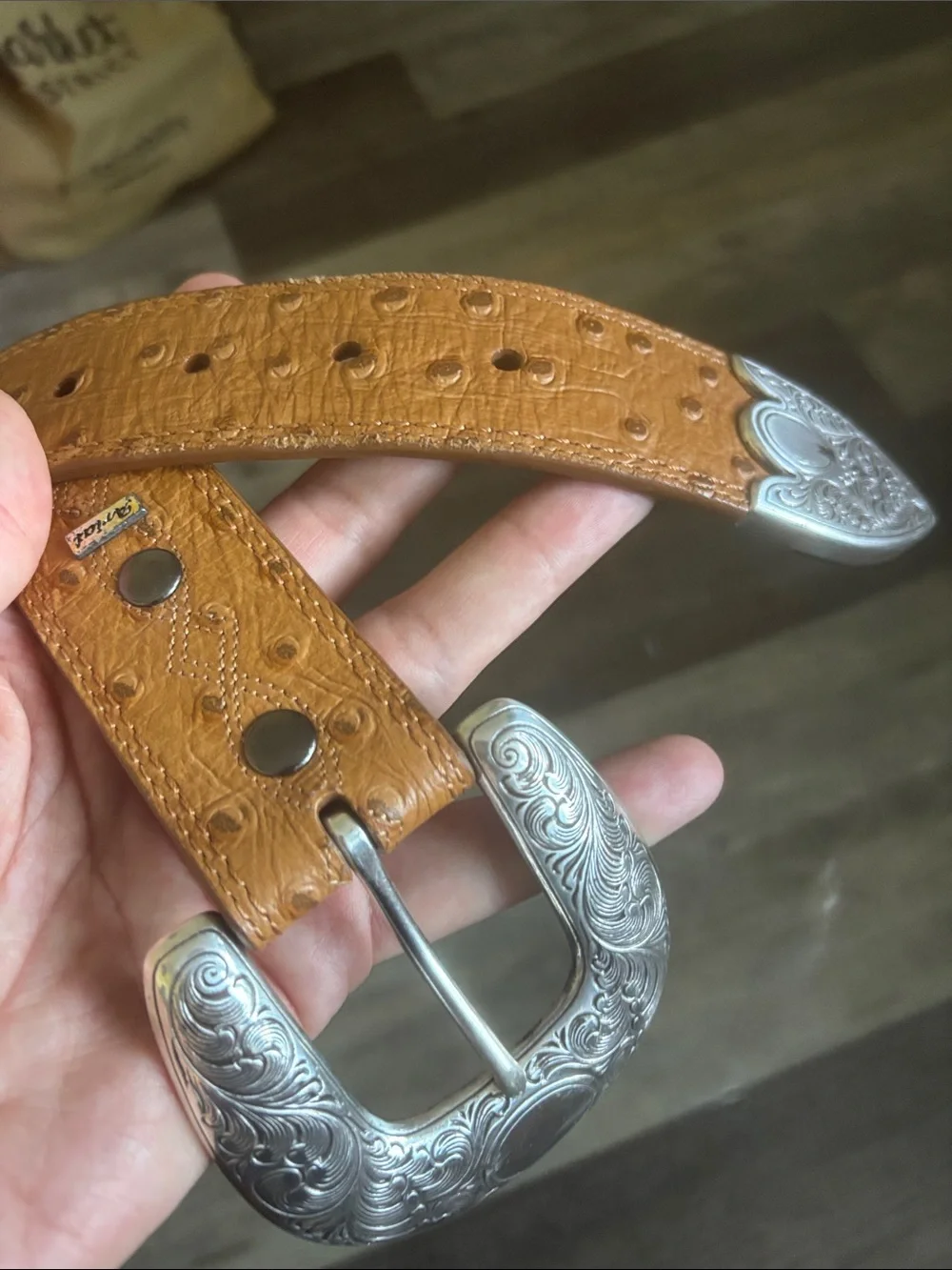 ARIAT BELT OSTRICH PRINT Tan LEATHER WESTERN SILVER TONE TIP BUCKLE